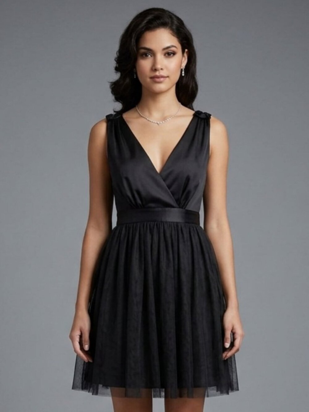 Black Satin V Neck Dress with Tulle Skirt